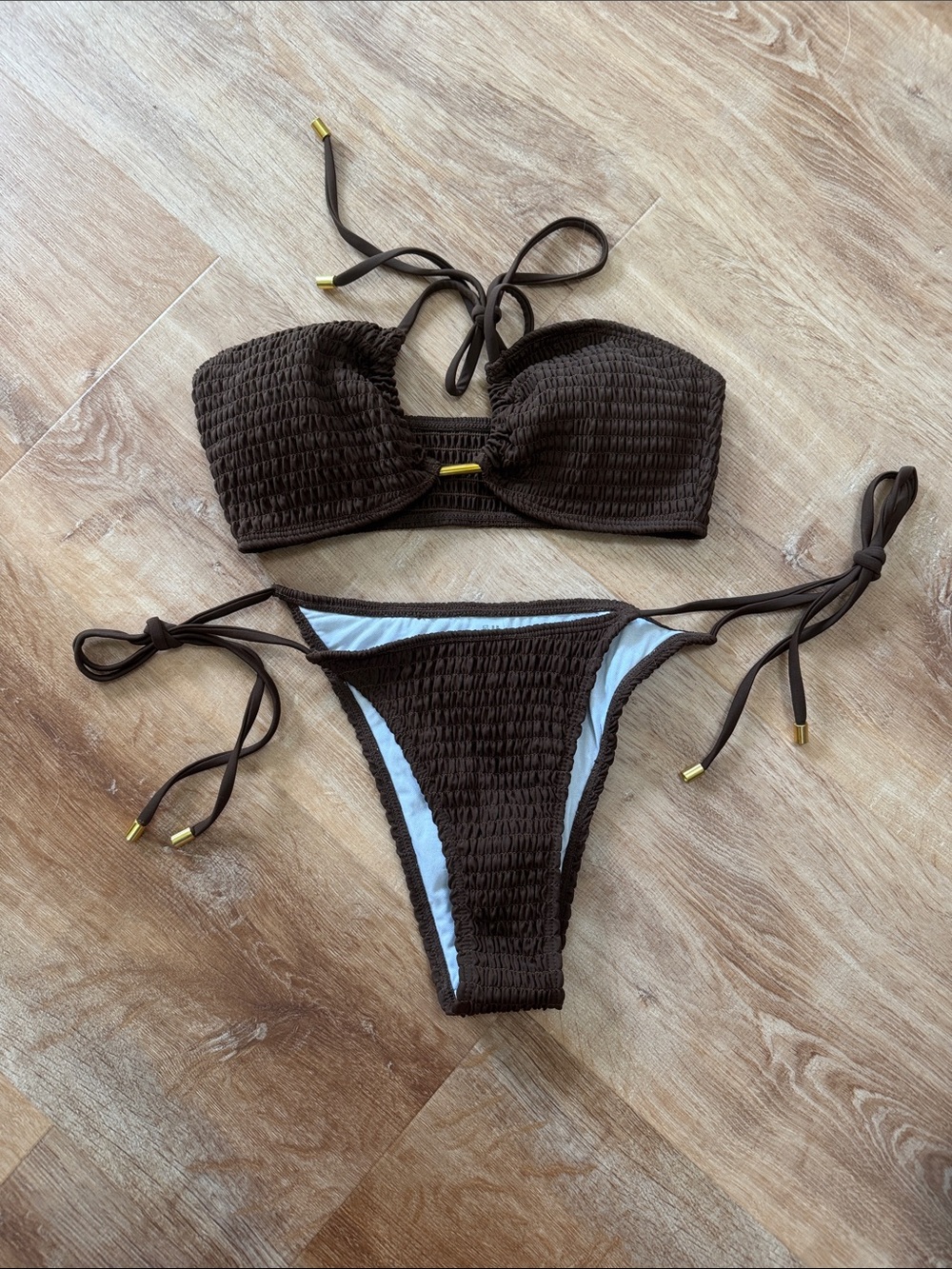 NWOT SHEIN Brown Smocked Tie-Side Bikini Set